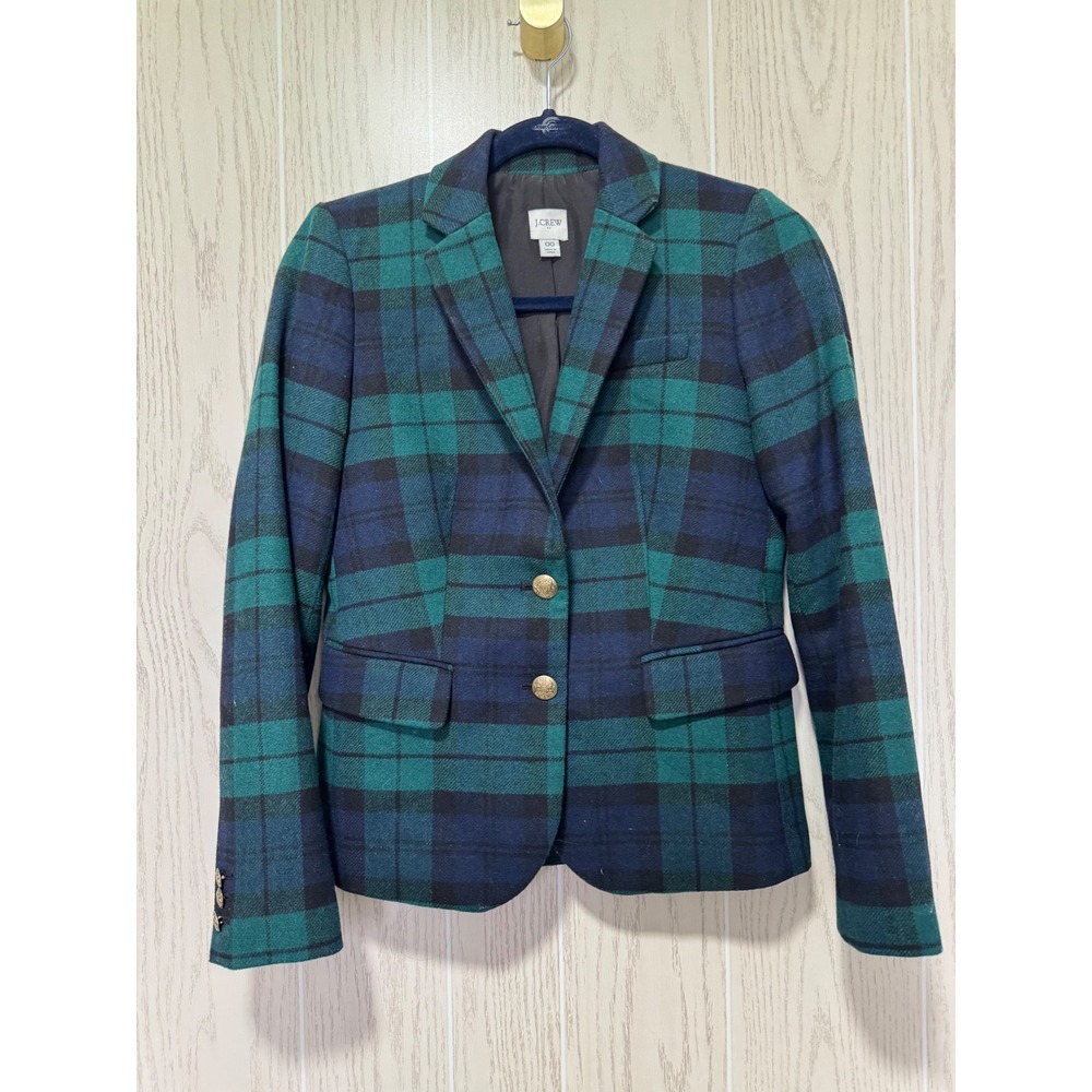 J.Crew Black Watch Plaid Schoolboy Blazer Green Blue Wool Tartan Jacket 00